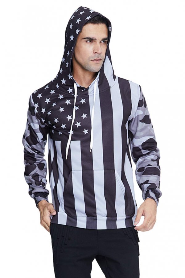SpaceJaw Men's Distressed Black USA Flag Hoodie - Vintage Hooded Sweatshirts Apparel with Pockets